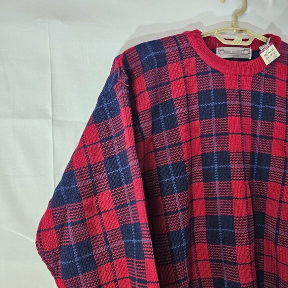 NWT John Ashford Sweater Mens Large Red Blue Plaid Cotton Crewneck Pullover - Picture 6 of 14